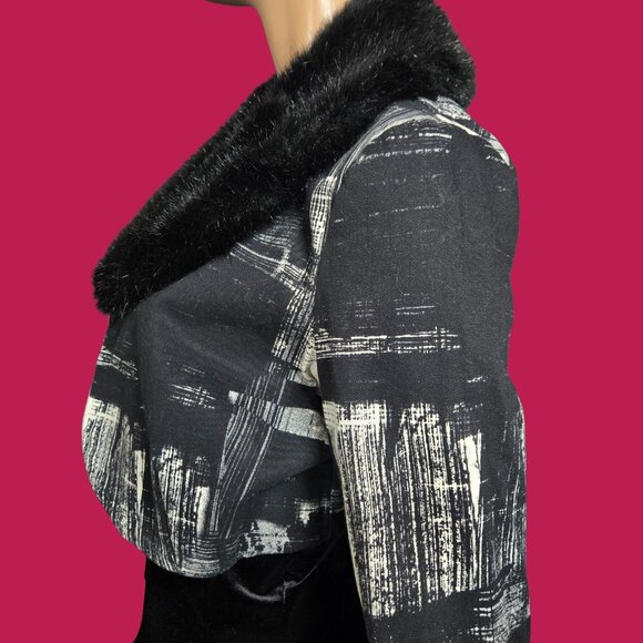 Vintage Bolero Jacket Faux Fur Collar Size L Black White Abstract Print Italy - Picture 7 of 13